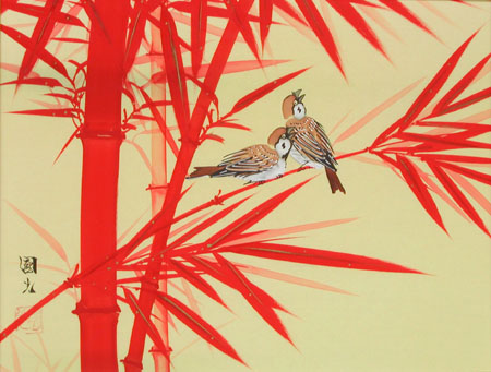 絵画 日本画 朱竹に雀 （星野国光） 送料無料 【肉筆】【日本画