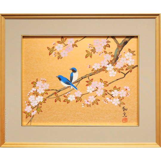 絵画 桜に瑠璃鳥 (三宅和光) 送料無料 【肉筆】【桜絵】【日本画】【花