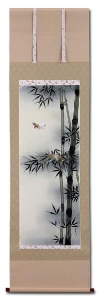 竹に雀 山下幸夫 （尺五立）肉筆！ 花鳥画 - 掛け軸（掛軸）販売通販