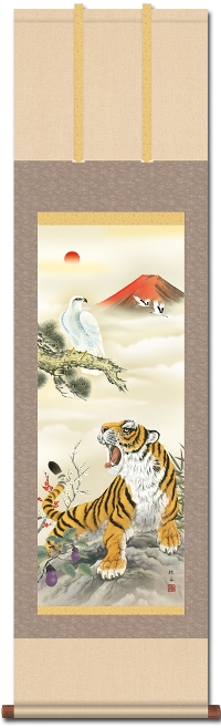 真作/是行/猛虎風雨図/布袋屋掛軸HF-39 真作/是行/猛虎風雨図/布袋屋