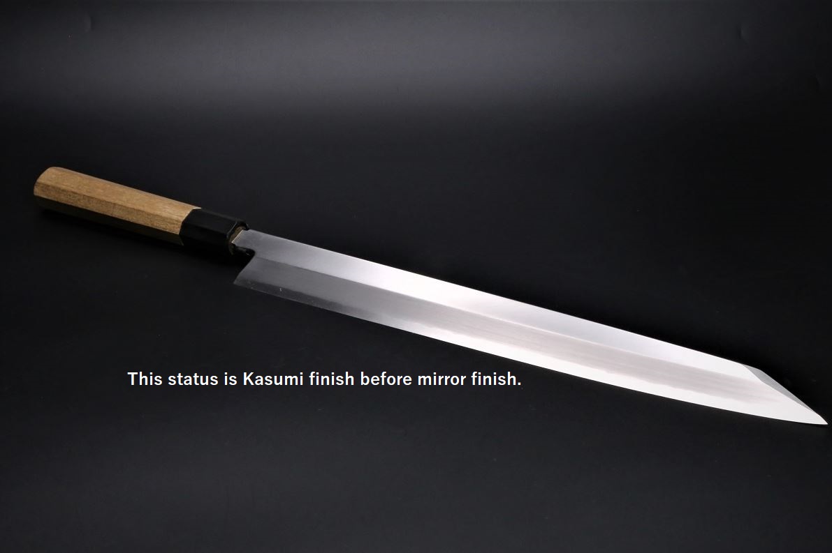 切付柳刃 銀三 330mm 鍛造 表鏡面仕上げ 黒檀柄 鞘付き-歌舞伎ナイフ