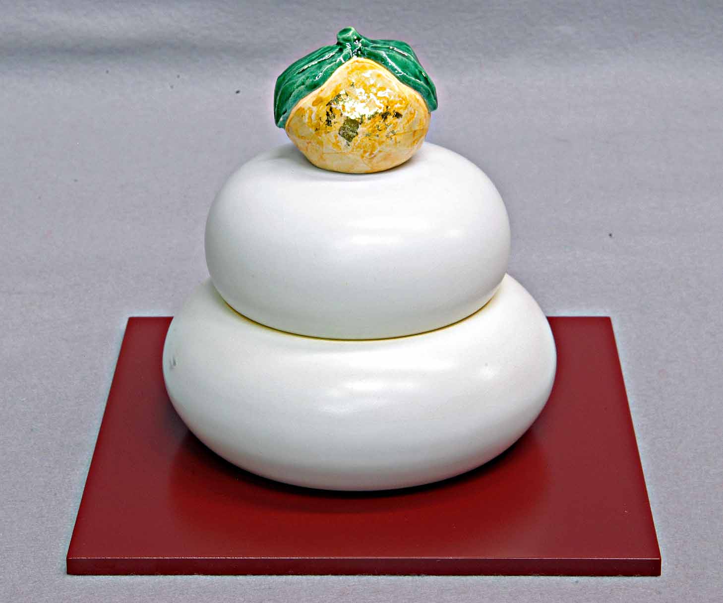 清水焼置物 清水六兵衛窯作 鏡餅 蓋物（橙）