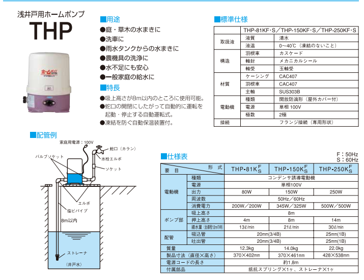寺田ポンプ 浅井戸用 ホームポンプ 口径20mm 出力150W THP-150KF