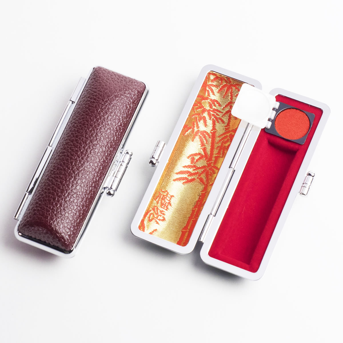 印鑑ケース/丸寸胴用/もみ革ケース(マルーン・内張り朱竹)13.5mm～15mm