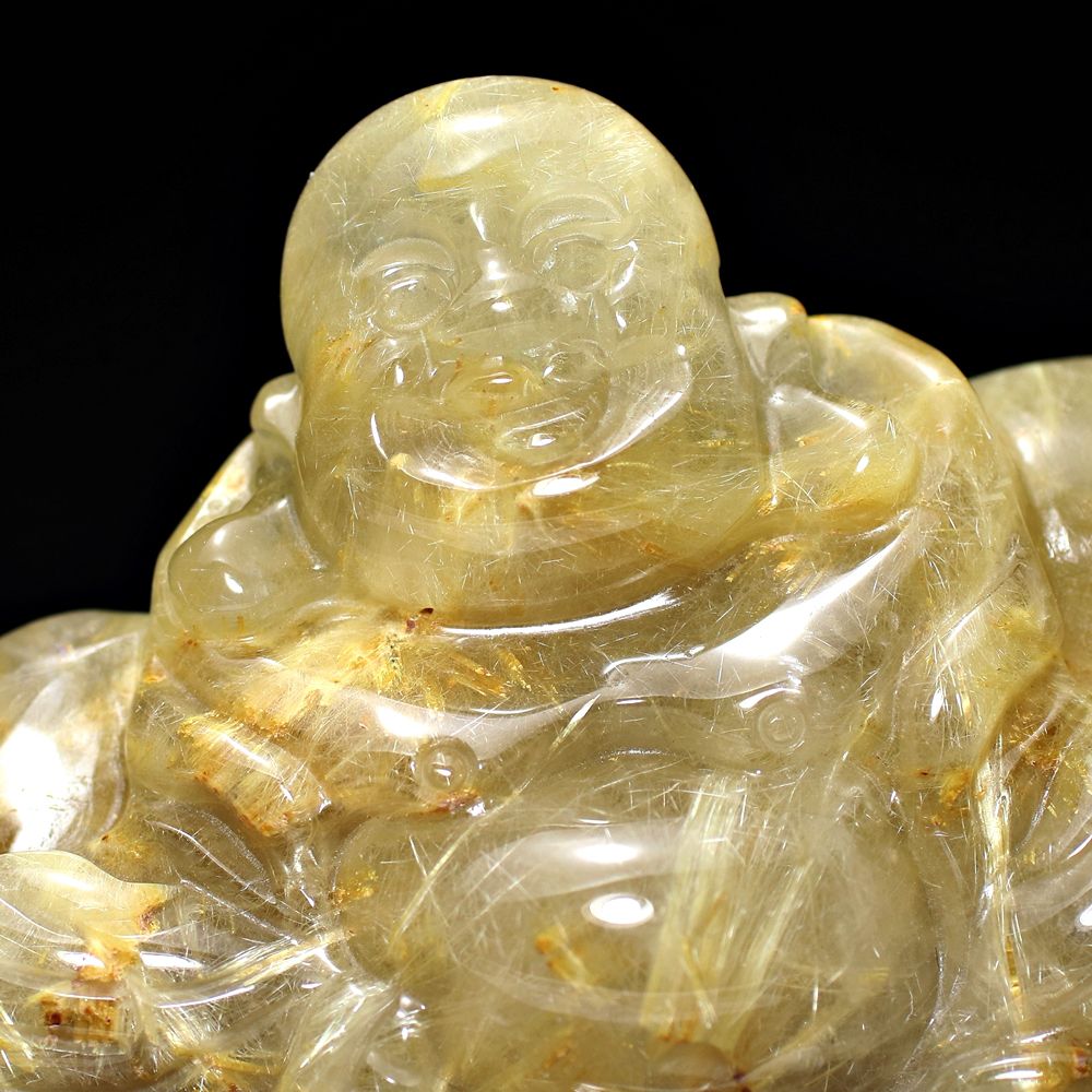 ブラジル産]ゴールドルチルクォーツ彫刻/布袋様（専用木製台座付