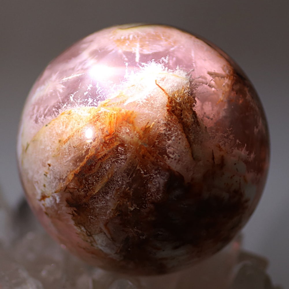 高品質]セリサイトインスターディープローズクォーツ丸玉/スフィア
