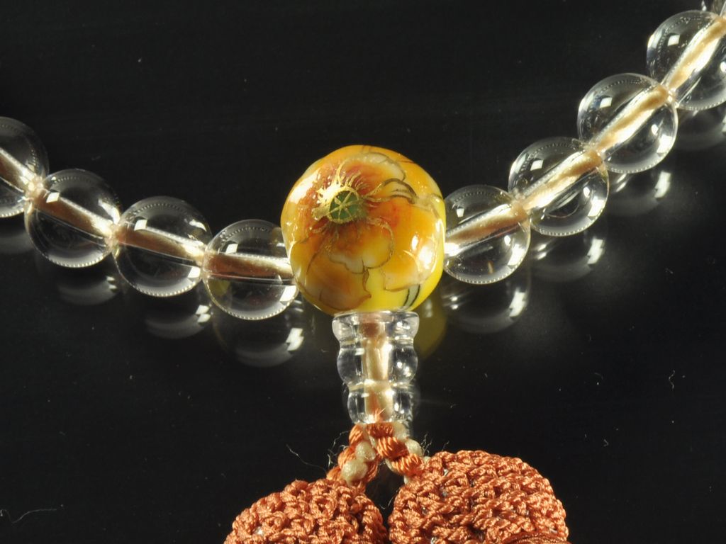 水晶（8mm）二天オレンジ瑪瑙 親玉清水焼（ポピー柄） 正絹頭付き房