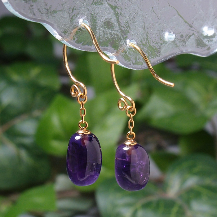 P091 アメシスト（紫水晶）さざれピアス 18金フック - ムーン