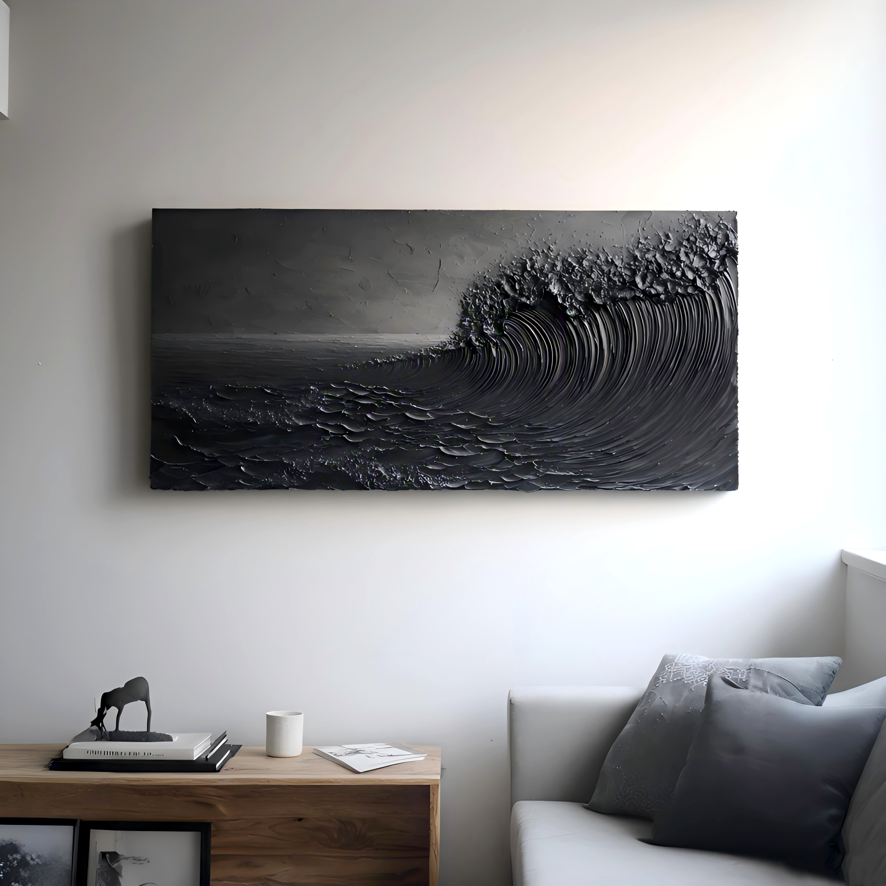 Midnight Surge Textured Monochrome Abstract Wave Canvas Art