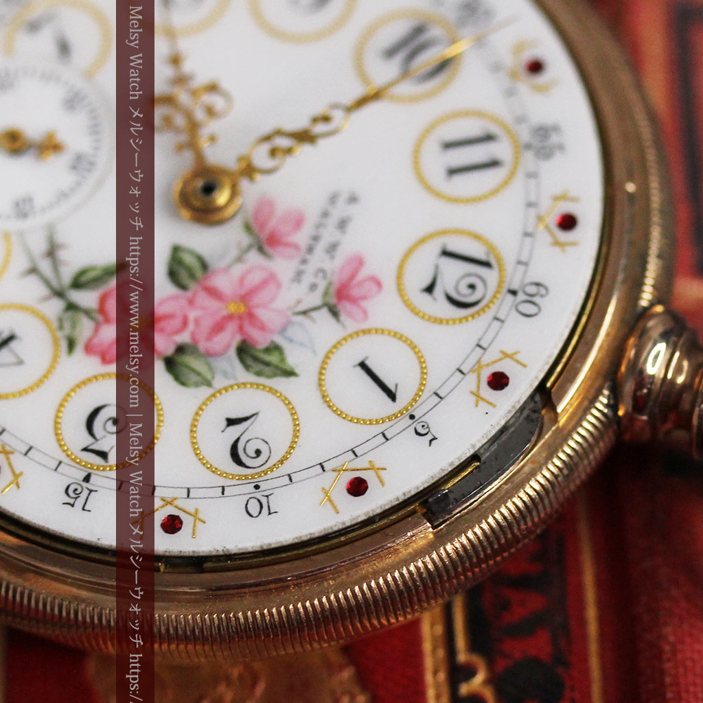 ウォルサム 金無垢アンティーク懐中時計 美しい花と金彩装飾【1886年製】