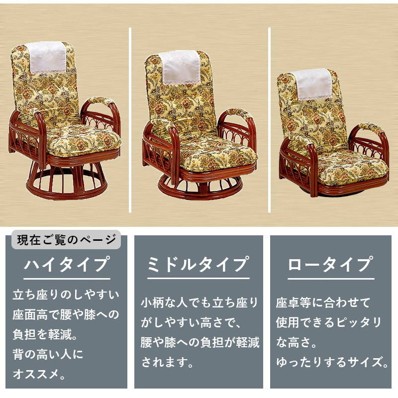 籐回転座椅子 ハイタイプ ギア式 3段階リクライニング サイドポケット