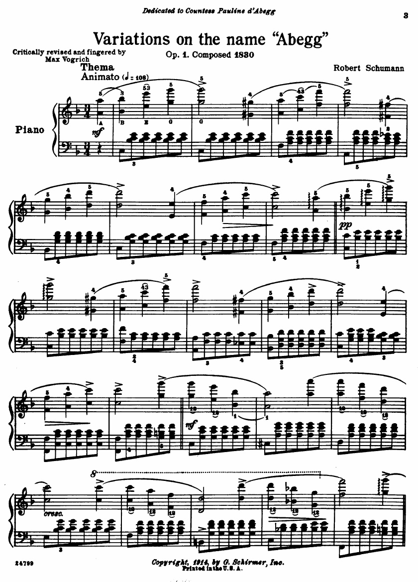 アベッグ変奏曲・Op.1（ロベルト・シューマン）（ピアノ）【Variations