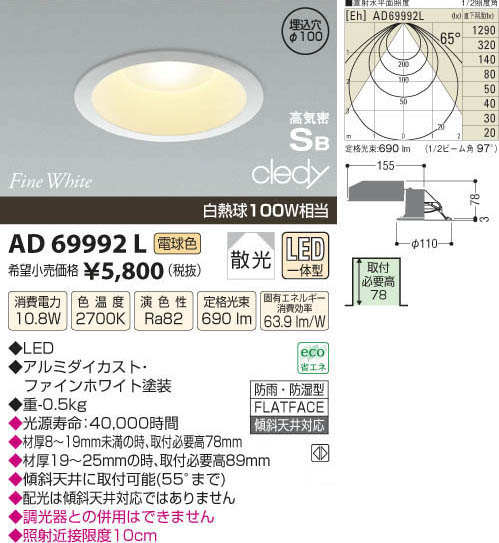 コイズミ照明 KOIZUMI LED高気密ダウンライト AD69992L | 商品紹介