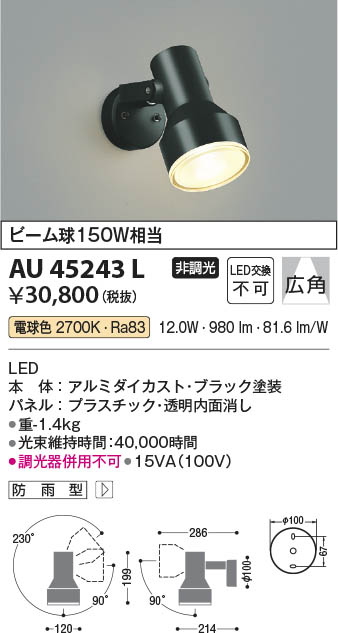 Koizumi コイズミ照明 エクステリアスポットライト AU45243L | 商品