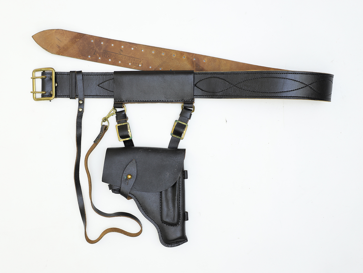 ロシア軍実物 ベルトセット マカロフホルスター ランヤード付き 牛革製