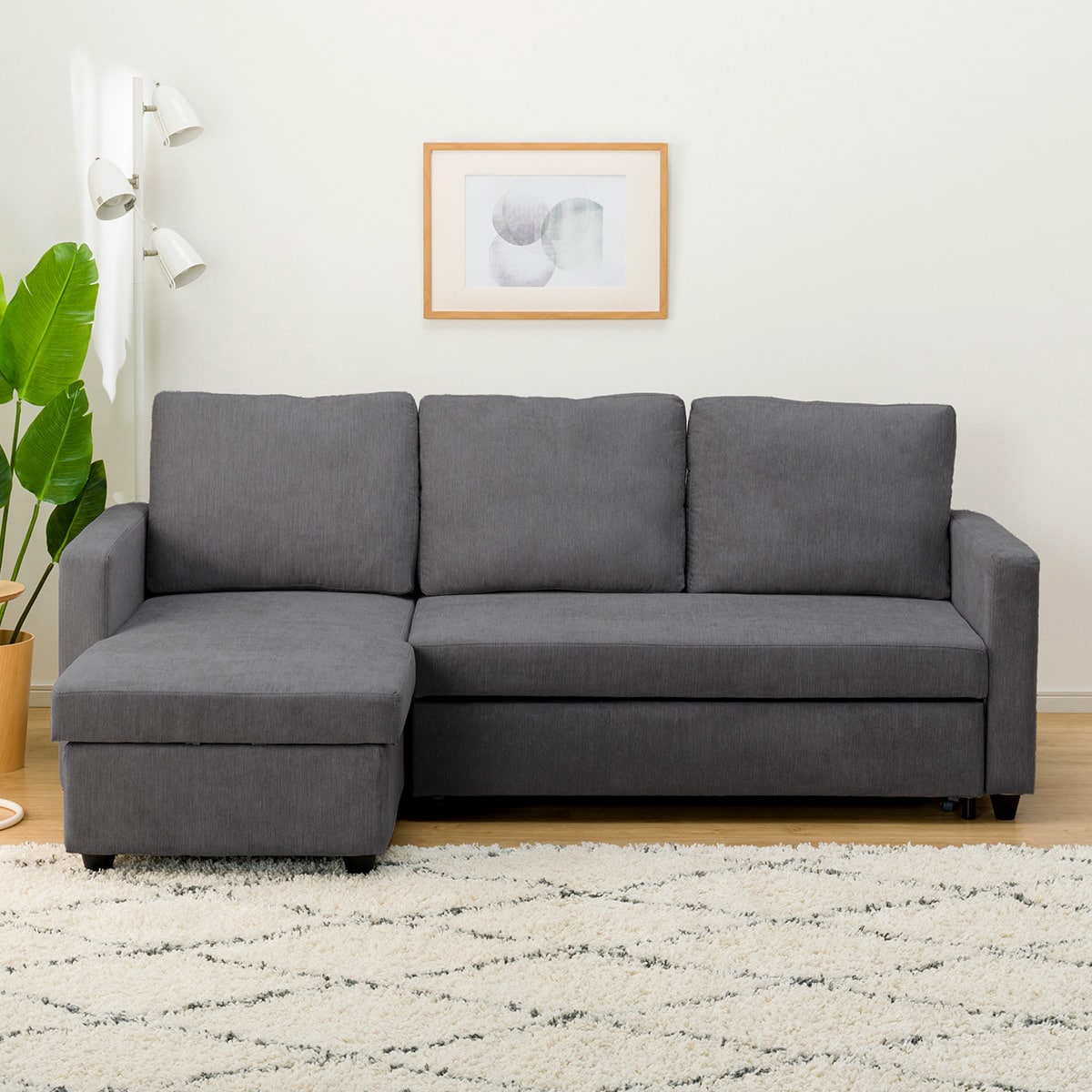 収納付きカウチソファベッド 布張りタイプ (ノアーク2 撥水加工 DGY