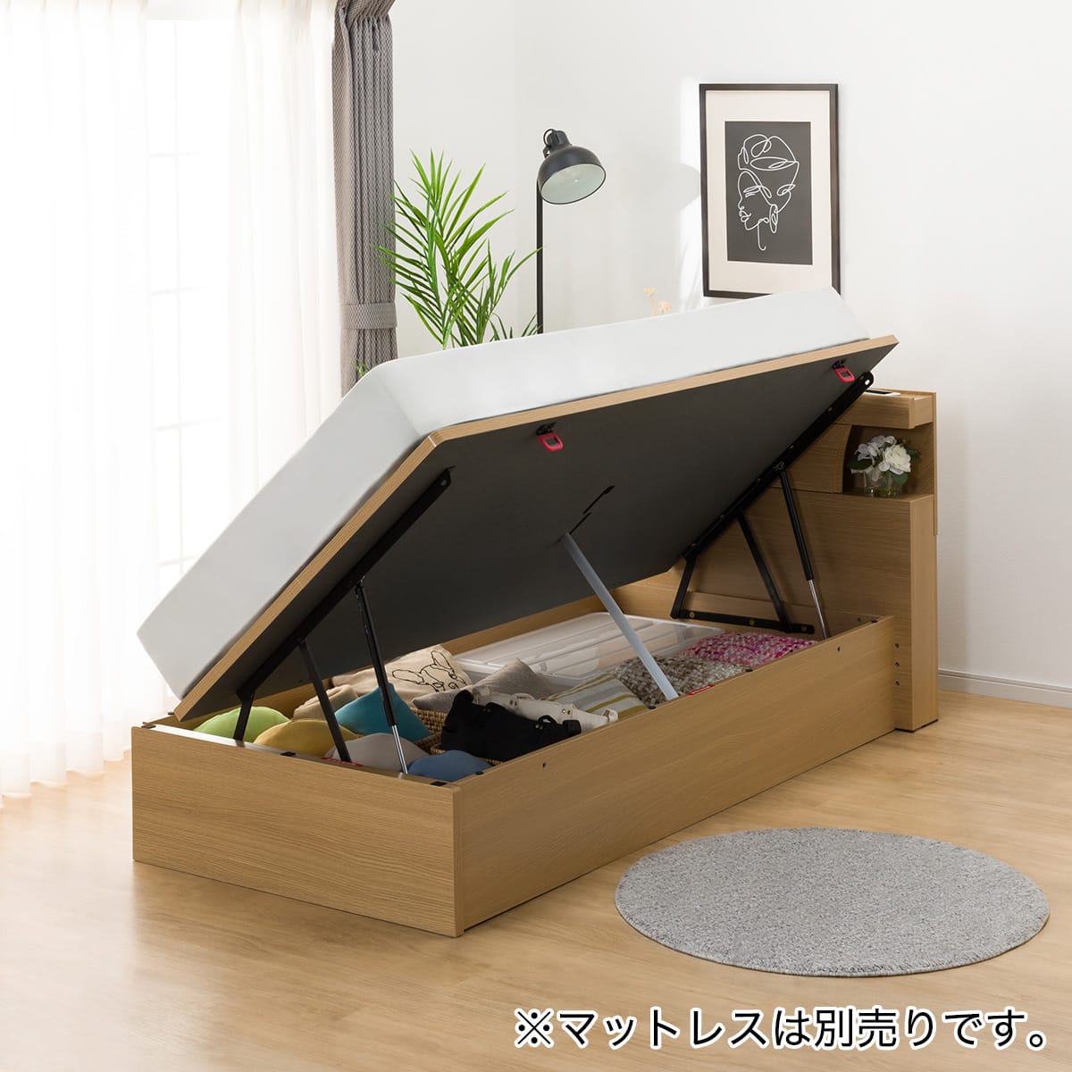 シングルベッドフレーム(OP KG 宮・照明付き 横開き 深型 LBR