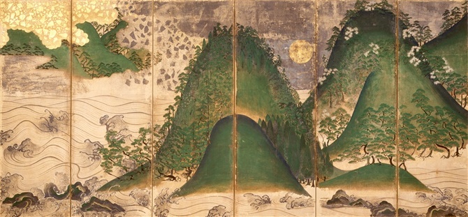 特別展で16日から展示される国宝「日月山水図屏風」右隻（大阪・金剛寺