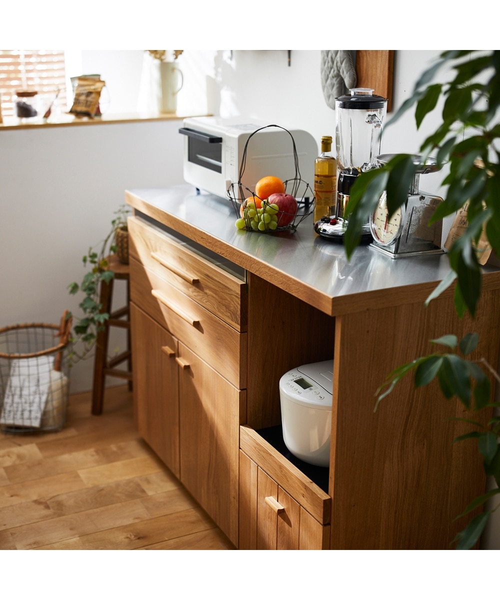 日本製】ステンレス天板の天然木オーク材キッチンカウンター【幅119.5