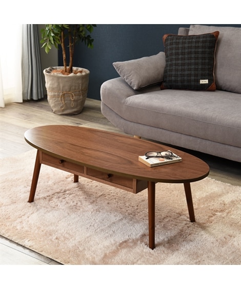 木目が美しい天然木突板の引き出し付きテーブル（オーバル） 通販