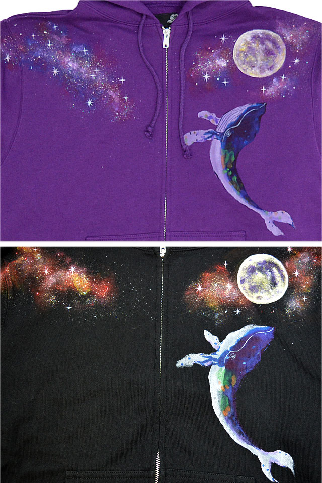 宇宙に鯨スウェットジップパーカー 碧 あお 和柄 和風 手描き クジラ