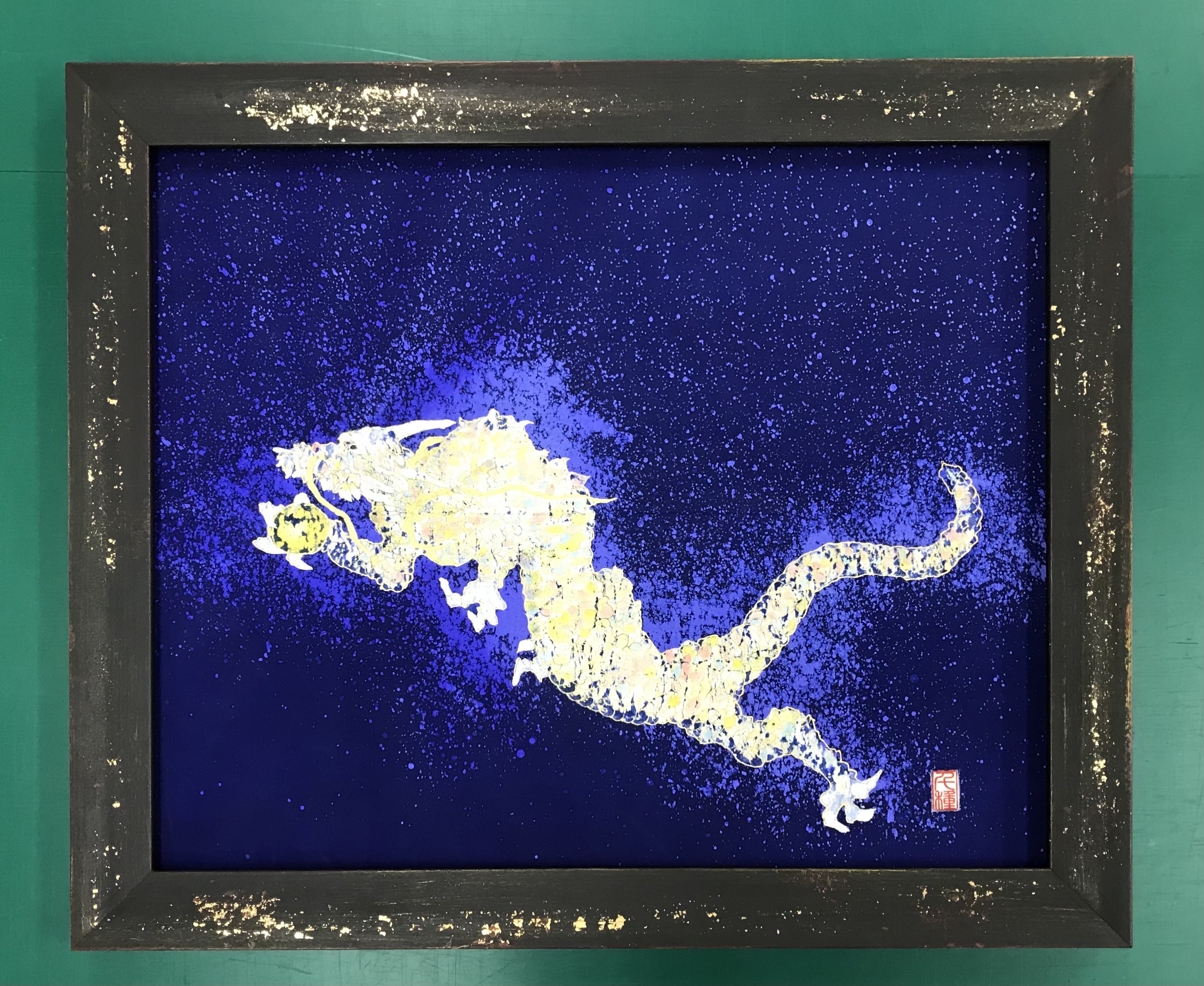 シルク染色 二柱の「龍」の額装