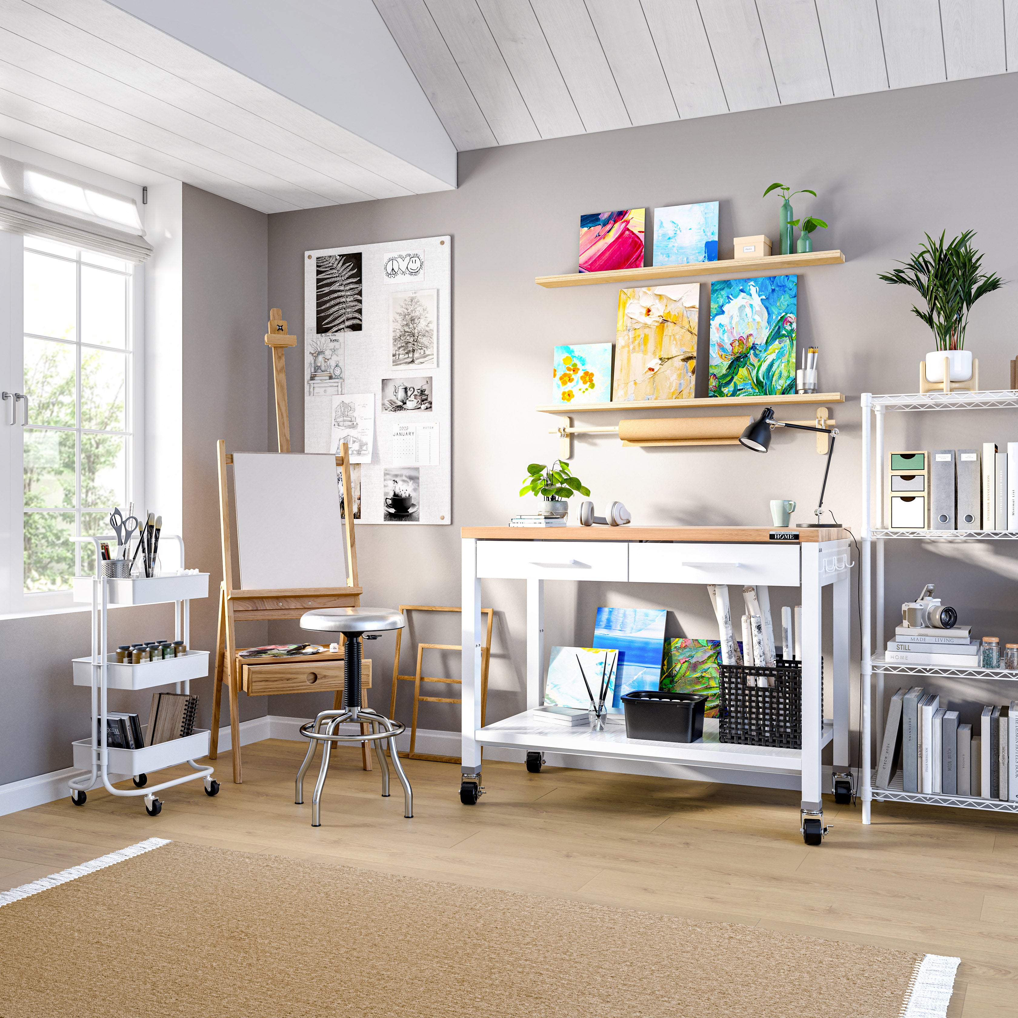 3-Tier Steel Cart with Handle, White