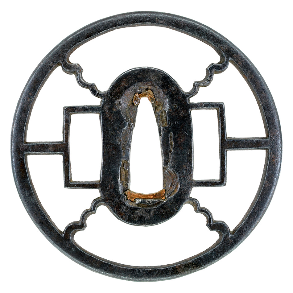 鉄製 ツバ 鍔 金線象嵌 刀装具 撫角形鍔 金象嵌耳 柳・笹