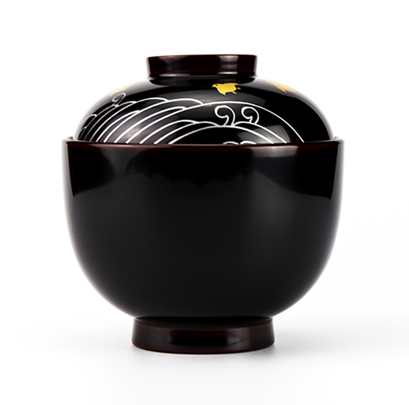 吸物椀お椀小吸椀-【手描き蒔絵・消し蒔絵】越前塗 波千鳥 小吸椀［5客