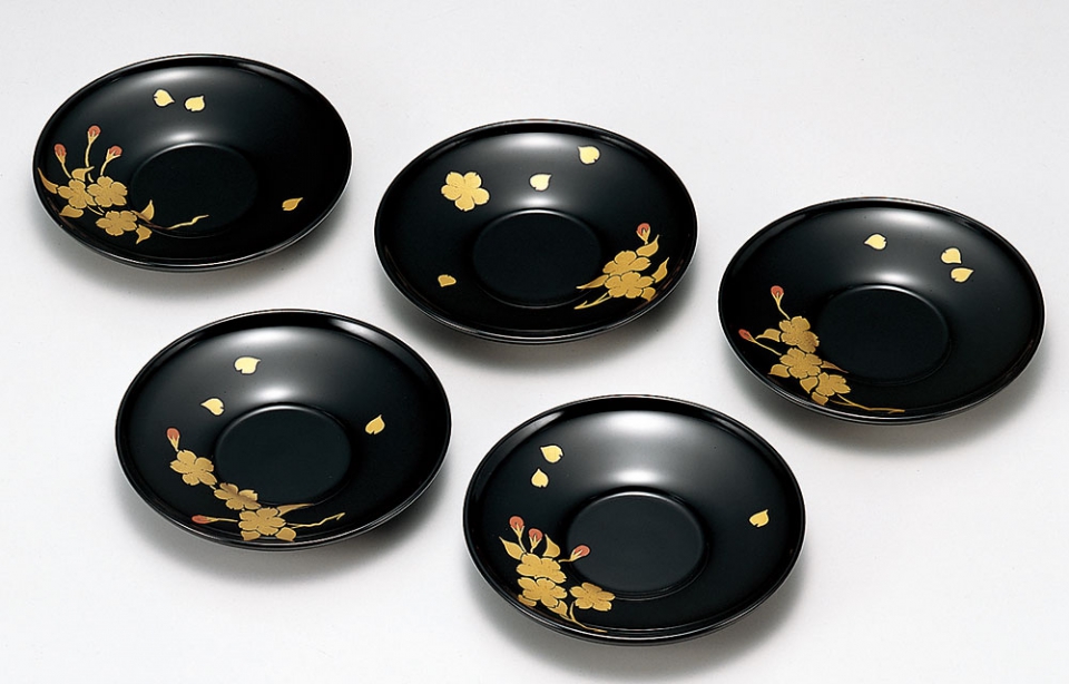 お皿茶托-【手描き蒔絵・磨き蒔絵】桜花絵変り 茶托［5枚］ | 越前漆器