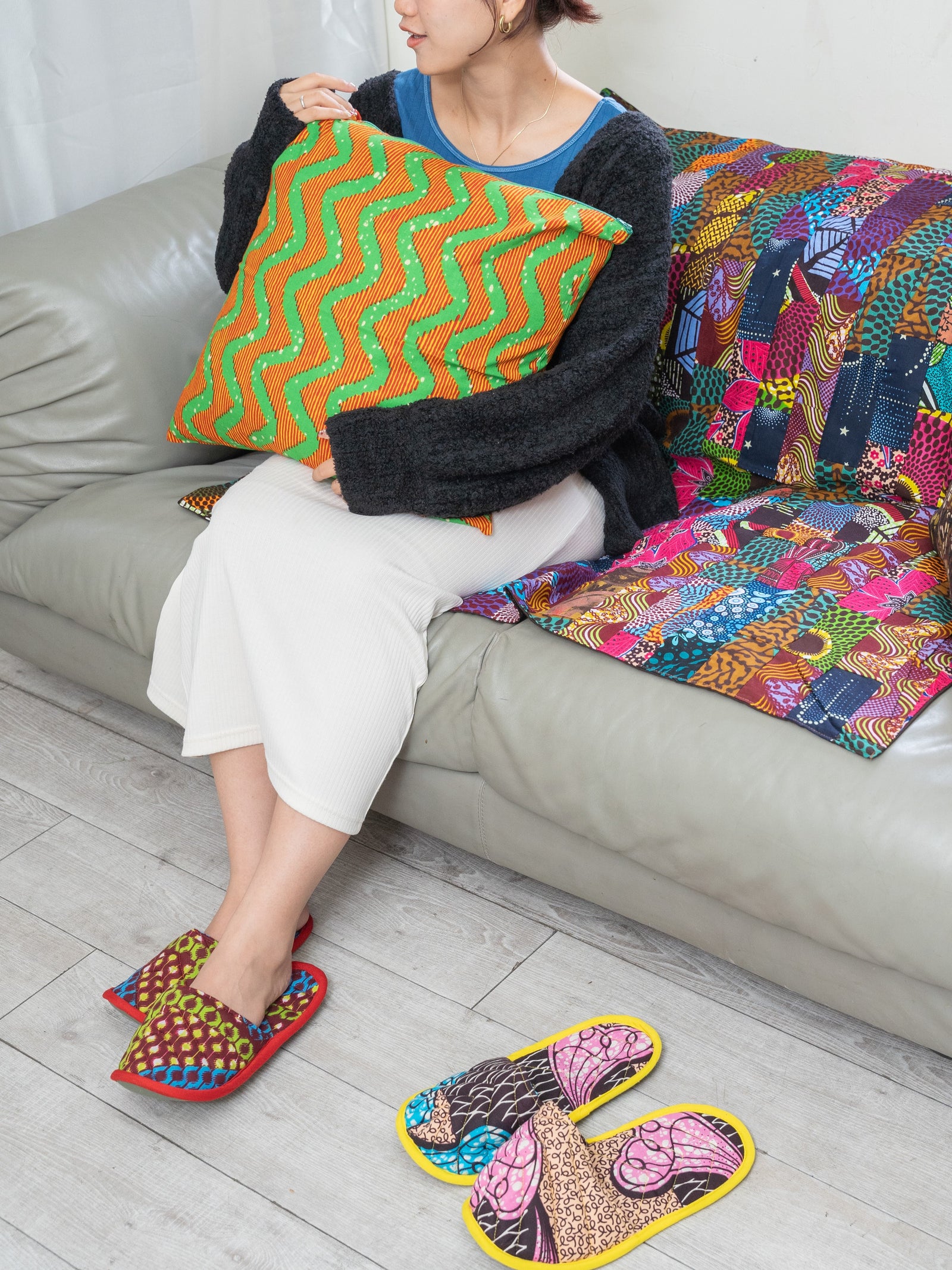 クッションカバー - ウェーブ・ライムグリーン&オレンジ - – リッチー