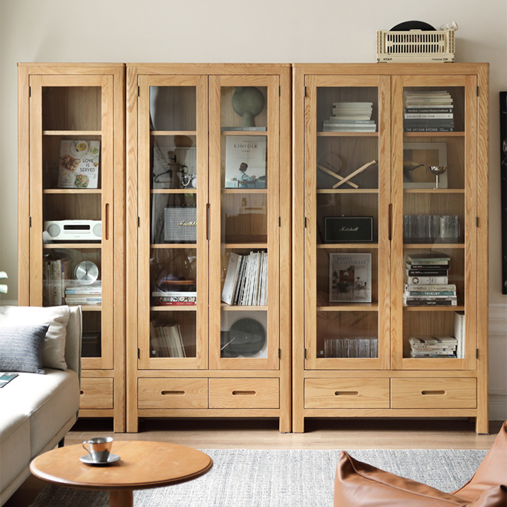 本棚 ガラス扉付き 引出し収納 無垢材 マガジンラック-y28y77