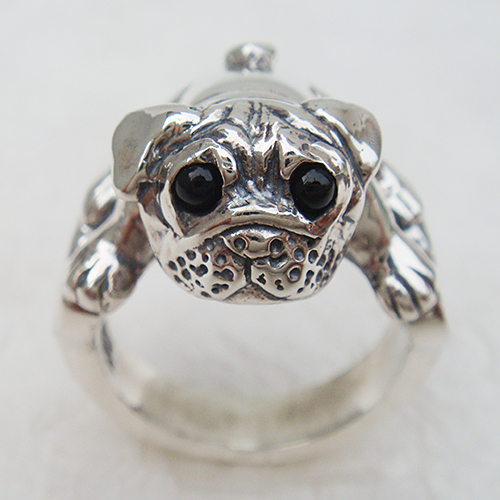 パグ犬リング－いぬシリーズ 干支「戌」 silver925 天然石オニキス