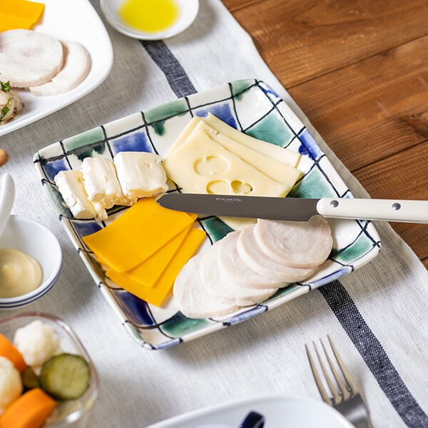 WEB限定】藤井敬之 三彩格子文角浅鉢 青緑｜作家もの｜料理家 栗原