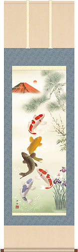 開運・鯉の滝登り 瀬田功舟作 紅峰五鯉躍勝運図