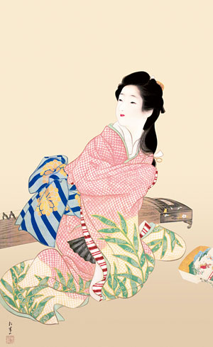 上村松園 筆「静」 リトグラフ 限定200部の内 第125番 掛軸 木箱付き