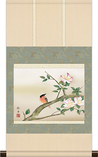 花鳥の掛け軸 長江桂舟作 山茶花【本格ミニ掛軸】ミニサイズ ミニ掛軸