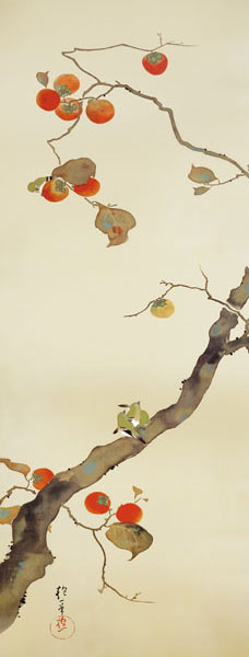 有名作家の掛け軸 酒井抱一作 柿に小禽図