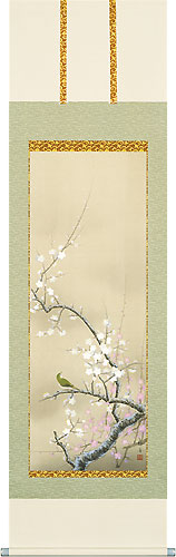 花鳥の掛け軸 北条静香作 紅白梅に鶯