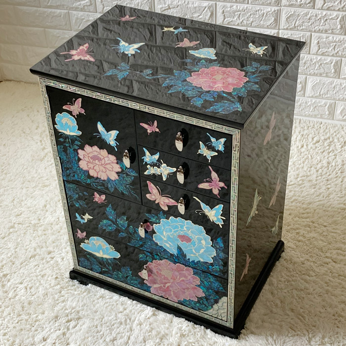 韓国高級螺鈿飾りチェスト 引き出し家具 小物入れ(黒)高さ60cm