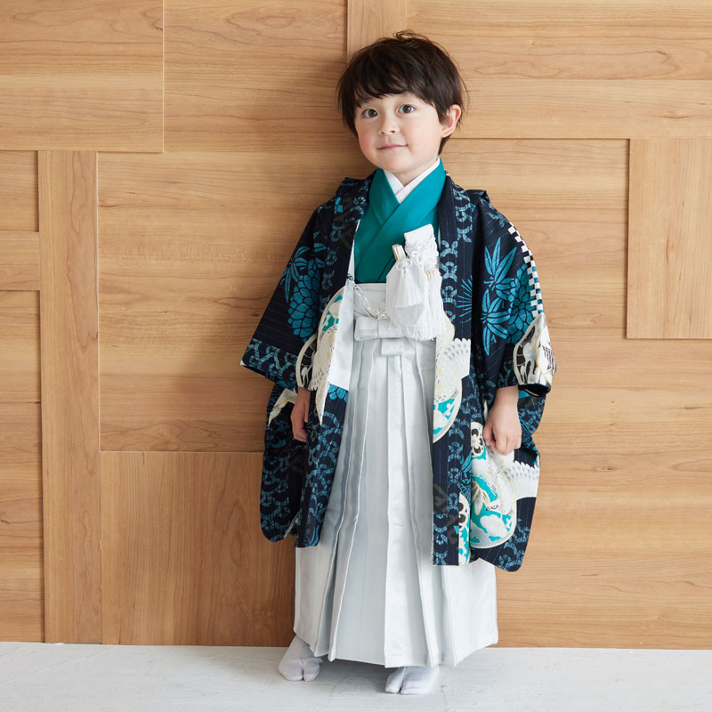 男児袴：BY107 【三歳】紺鷹の丸文×灰銀縞 七五三男児袴レンタルセット