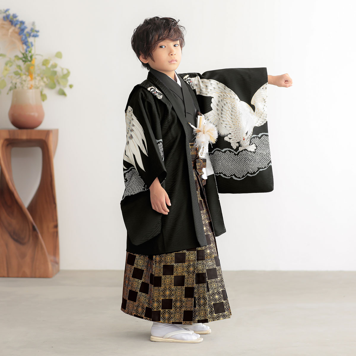 男児袴：BY168 【五歳】黒鷹に雲x黒市松 七五三男児袴レンタルセット