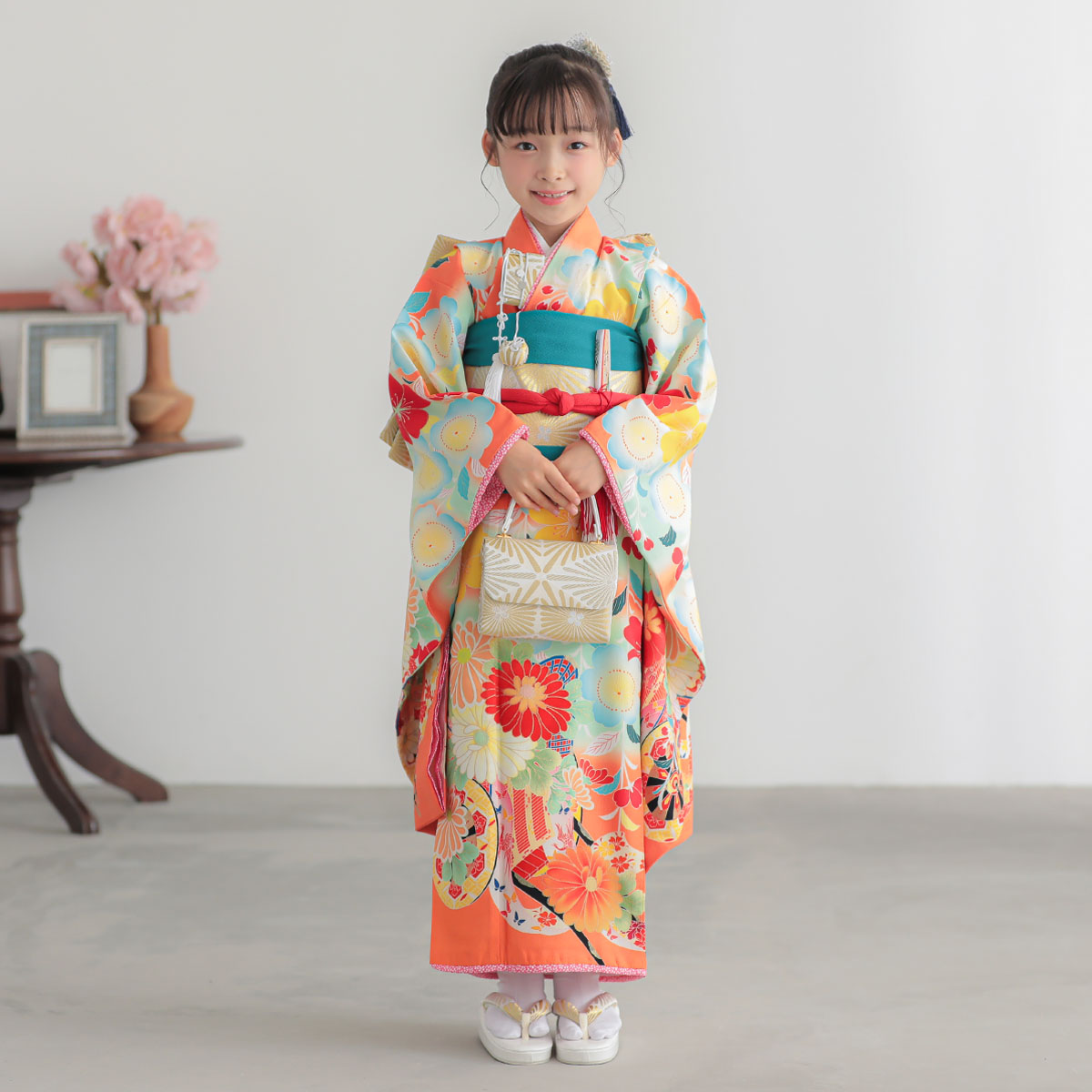 七五三七歳四つ身：N045 乙葉 橙色 御所車に桜菊 | 七五三着物レンタル