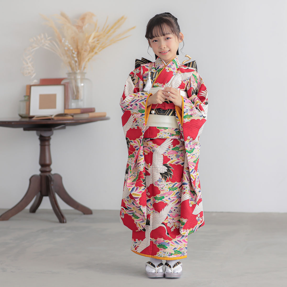 七五三七歳四つ身：N046 モダンアンテナ 赤 雲取り波に松鶴 | 七五三