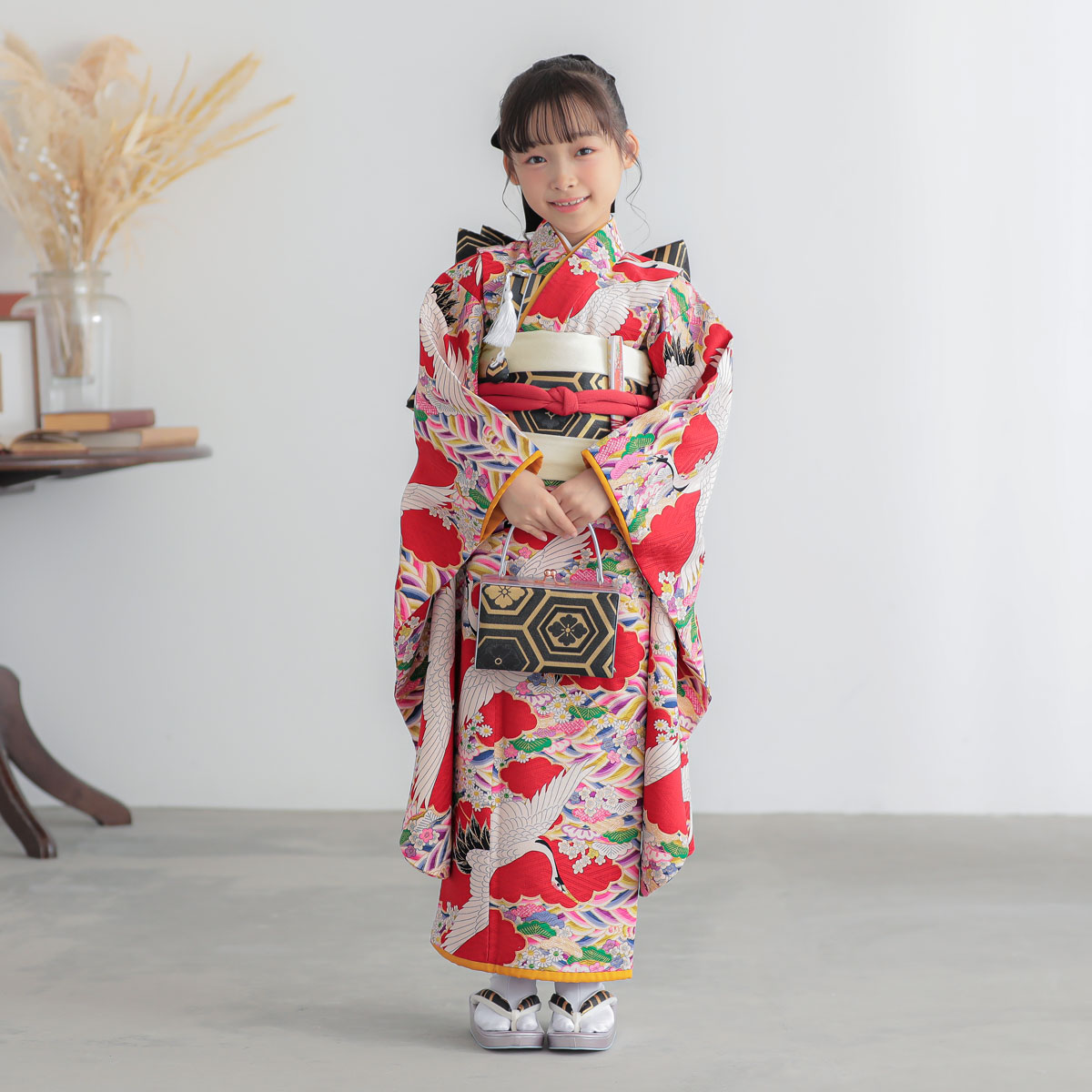 七五三七歳四つ身：N046 モダンアンテナ 赤 雲取り波に松鶴 | 七五三