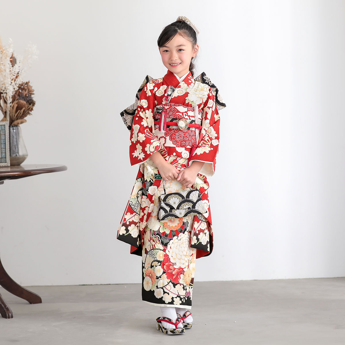 七五三七歳四つ身：N211 華徒然 赤 花車 | 七五三着物レンタル | 京都