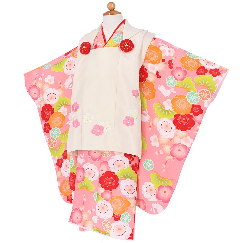 七五三被布 : K023 【三歳女児被布】白×ピンク 梅とうさぎ(宅