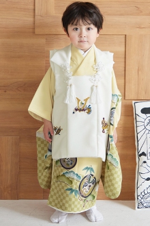 七五三被布 : K179 【三歳男児被布】抹茶兜×オフホワイト丸文(K245