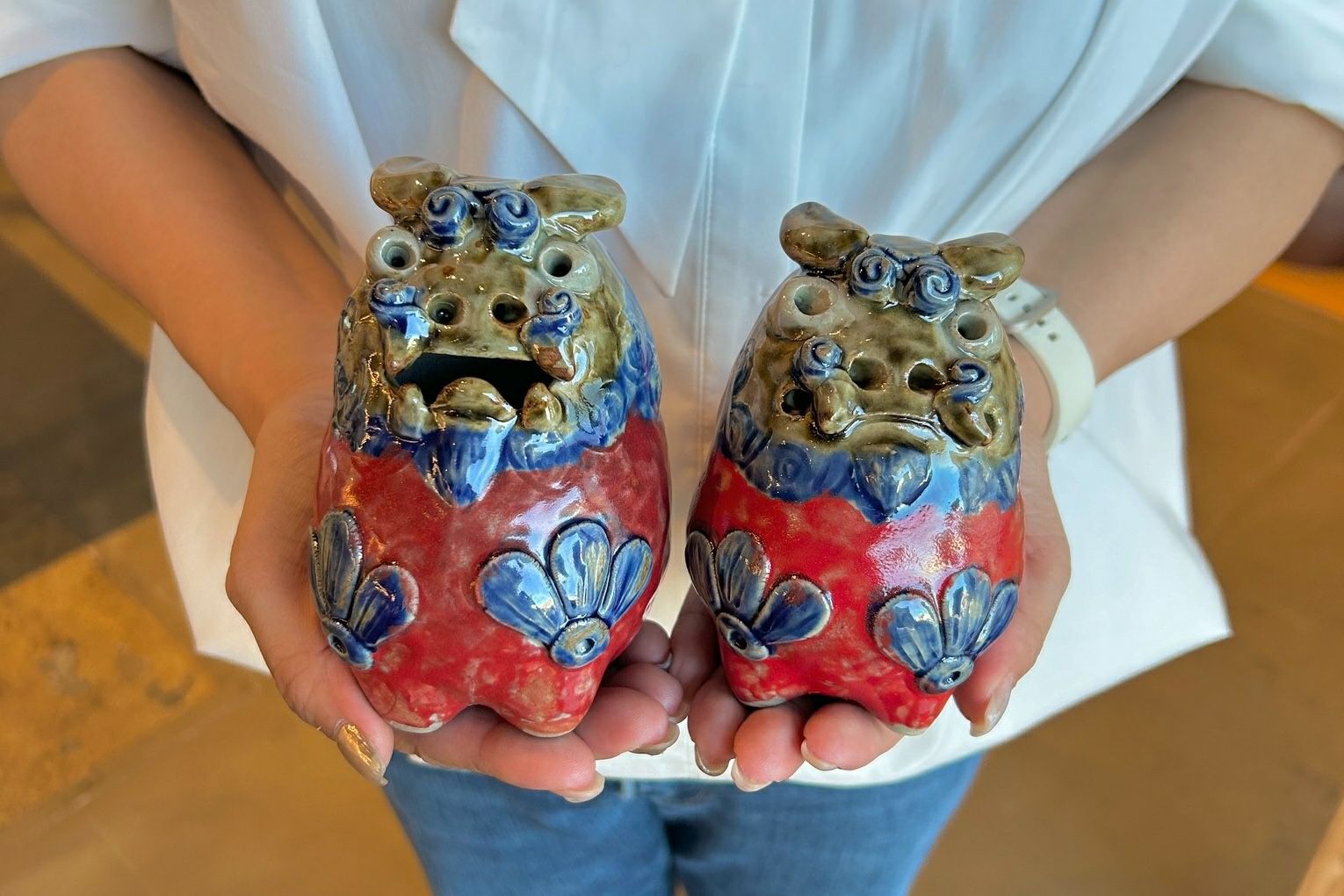 だるまシーサーペア ベージュ×青 / 置物 / 高江洲陶器所 | ゆいまーる