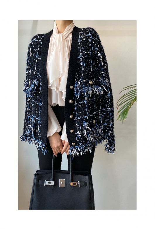 レディース 大人 上品 色を紡ぐツイード風フリンジニットカーディガン